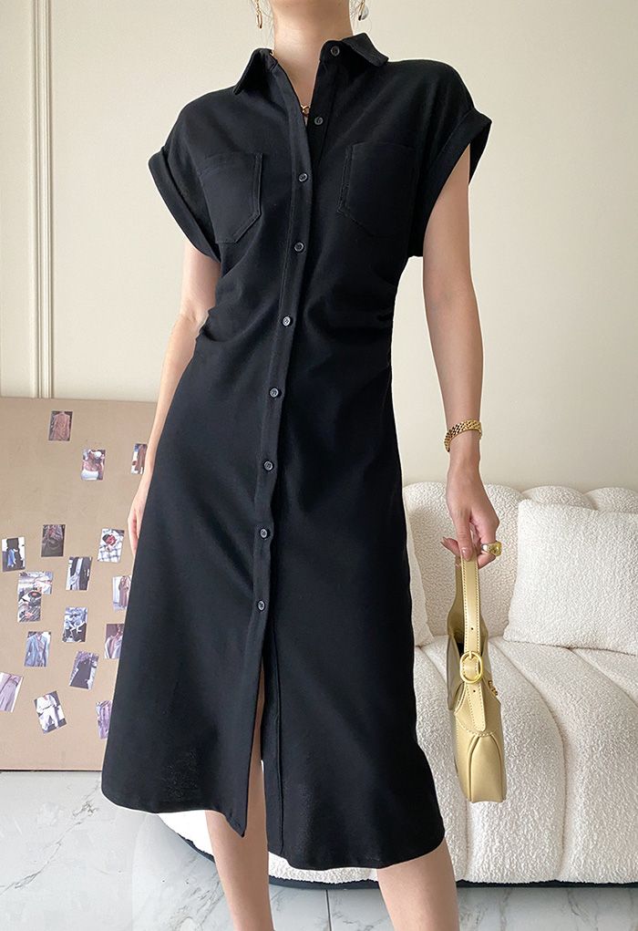 Button Down Ruched Side Polo Dress in Black