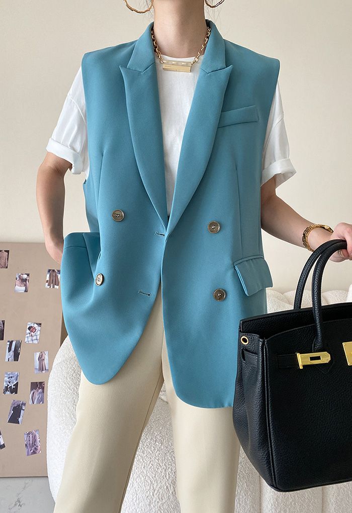 Double-Breasted Vest Blazer in Blue
