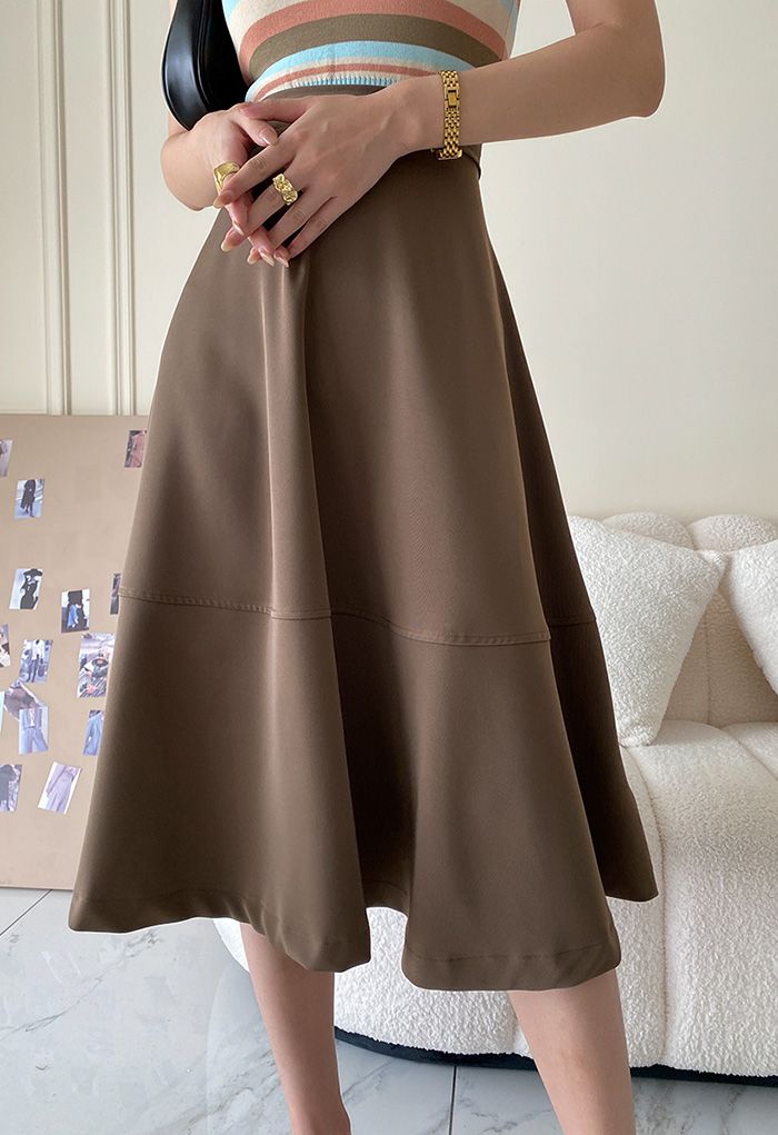 High Waist A-Line Midi Skirt in Brown