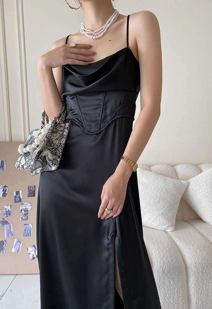 Cowl Neck Corset Waist Satin Cami Dress in Black