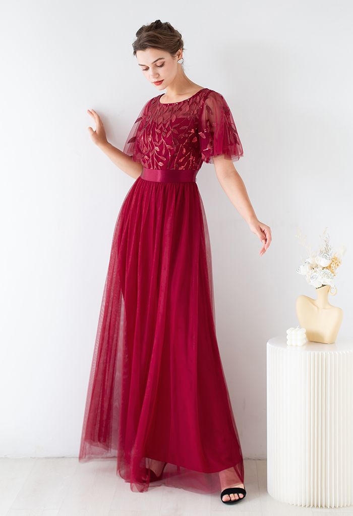 Sequined Vine Flutter Sleeve Mesh Gown in Red