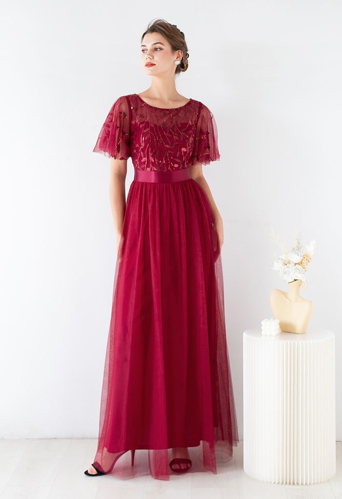 Sequined Vine Flutter Sleeve Mesh Gown in Red