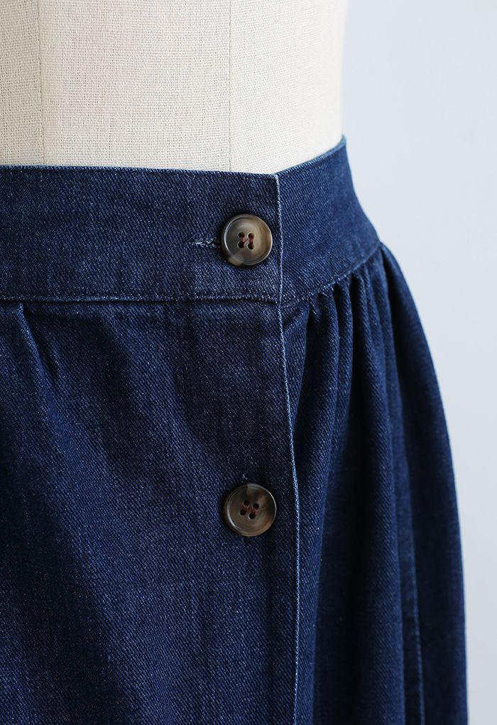 Button Down A-Line Denim Skirt in Dark Blue