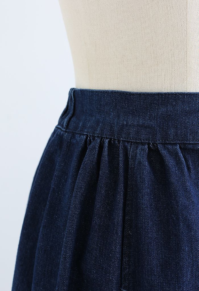 Button Down A-Line Denim Skirt in Dark Blue