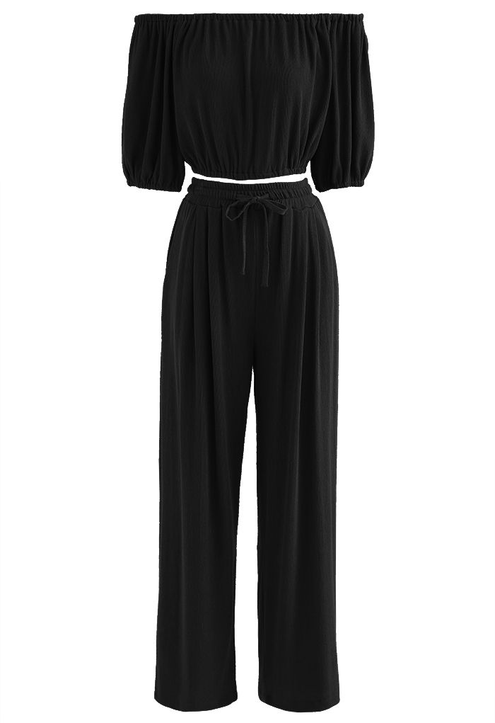 Off-Shoulder Crop Top and Pants Set in Black