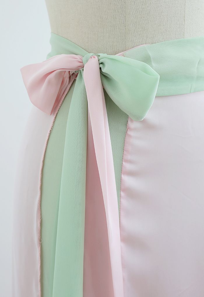 Tie-Waist Spliced Wrap Maxi Skirt in Pistachio