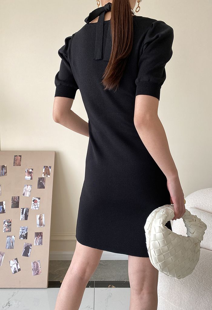 Crystal Trim Neck Cutout Shoulder Knit Dress in Black