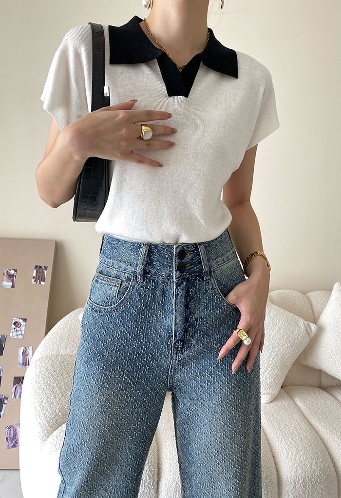 Contrast Collar Short Sleeve Knit Top in White