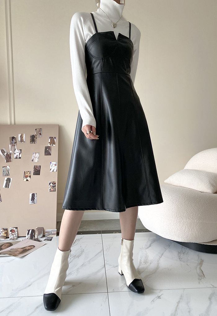 PU Leather Seam Detailing Cami Dress in Black