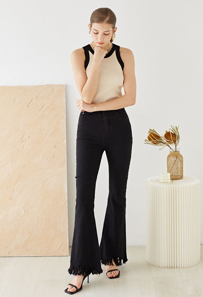 Tassel Hem Classic Pocket Flare Jeans in Black