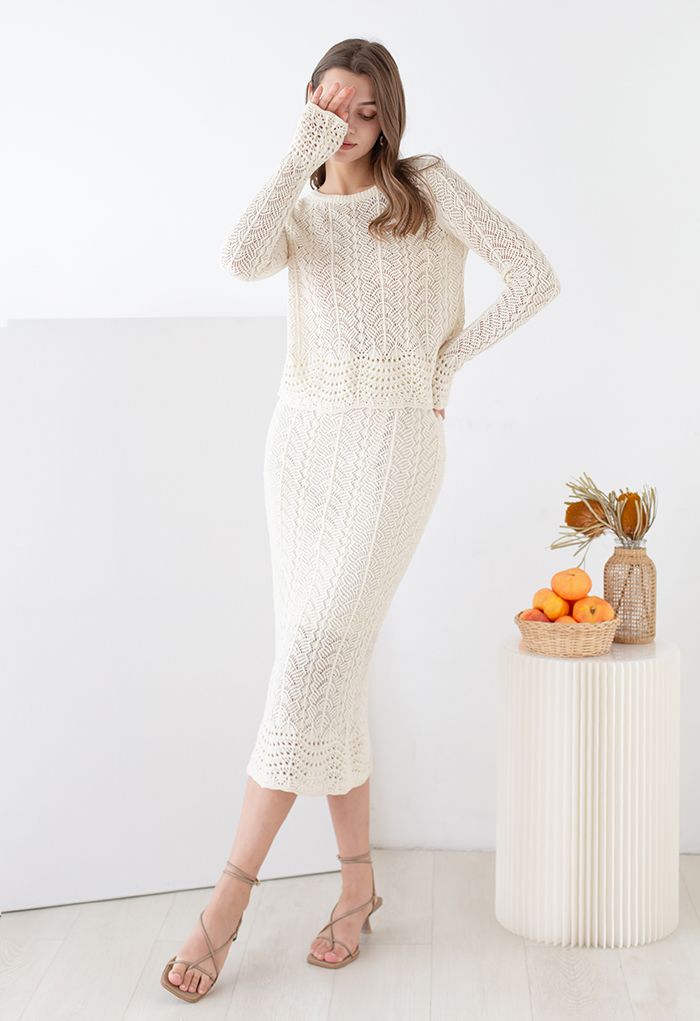 Hollow Scalloped Knit Sweater and Skirt Set
