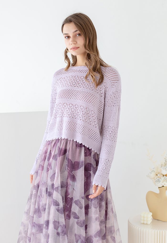 Scalloped Edge Hollow Out Knit Top in Lilac