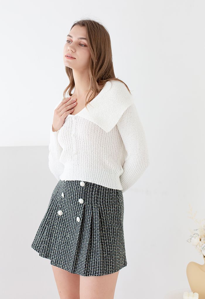 Giant Flap Collar Knit Crop Top in White