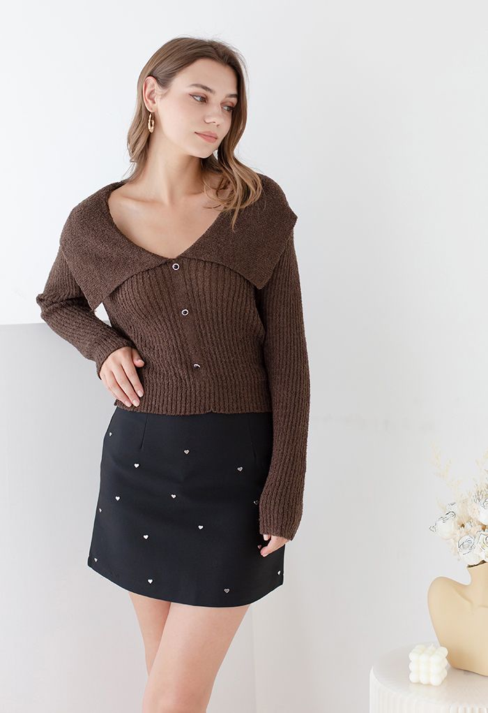 Giant Flap Collar Knit Crop Top in Brown