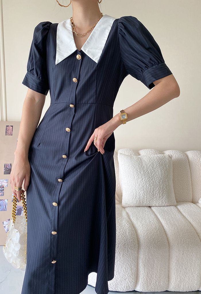 Contrast Collar Stripe Button Down Dress