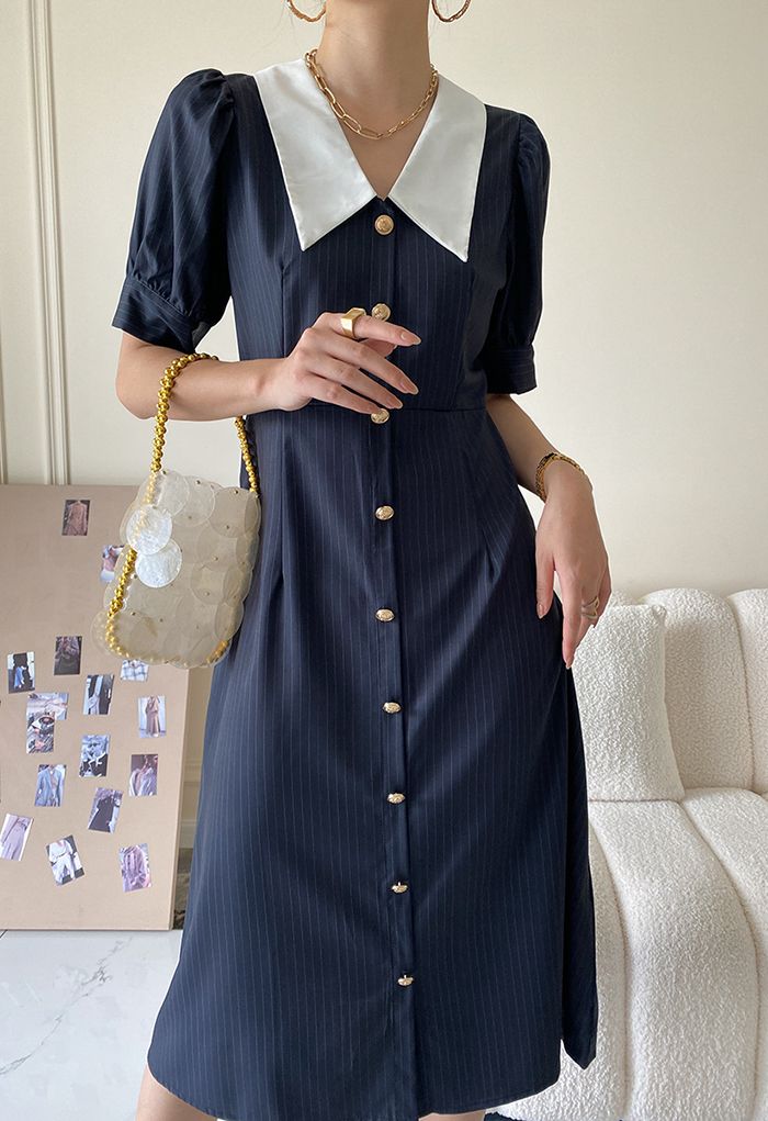 Contrast Collar Stripe Button Down Dress