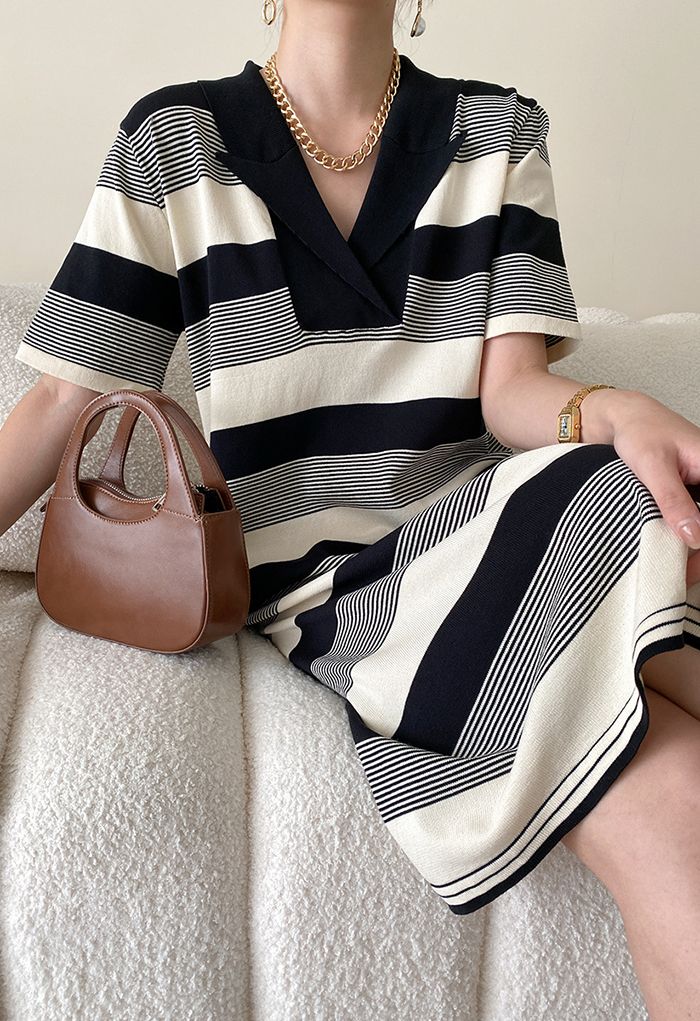 Bold Stripe V-Neck Collared Knit Dress