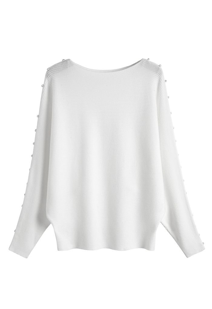 Pearly Batwing Sleeve Knit Sweater in White