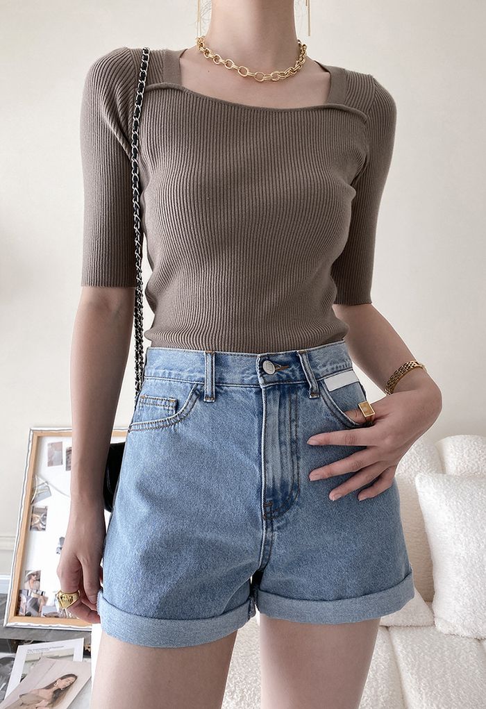 Vintage Square Neck Knit Top in Brown