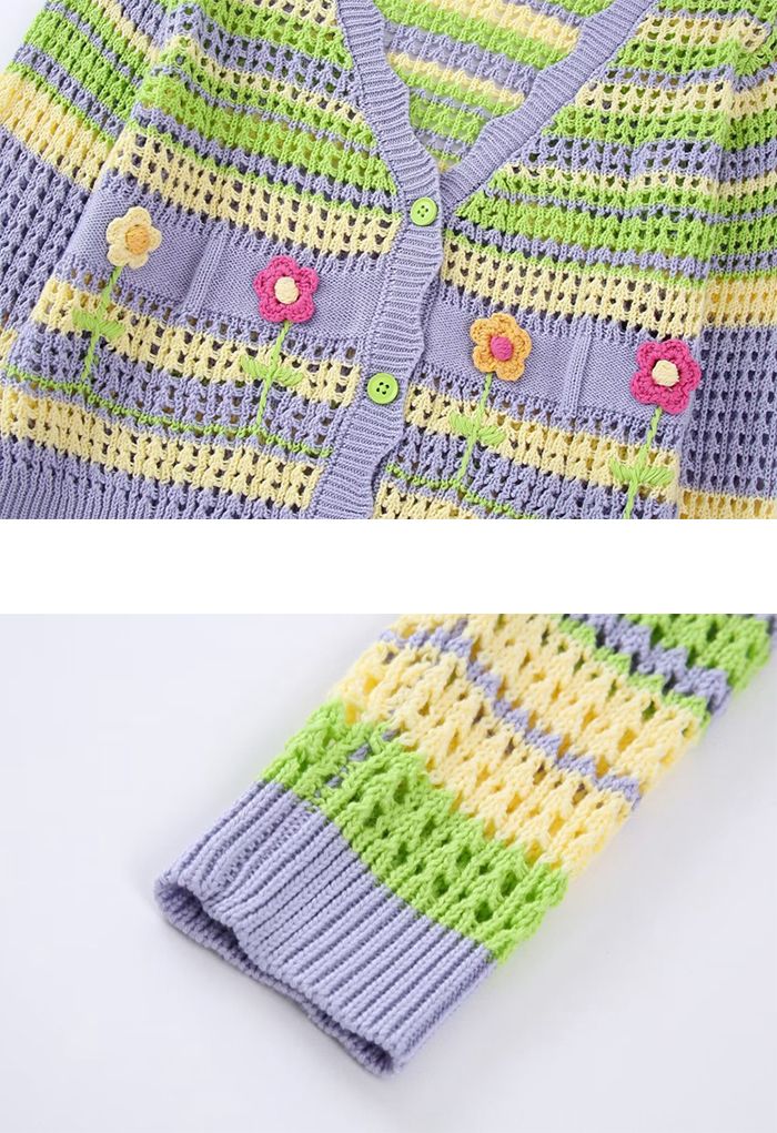 Cutie Flower Color Stripe Buttoned Crop Cardigan
