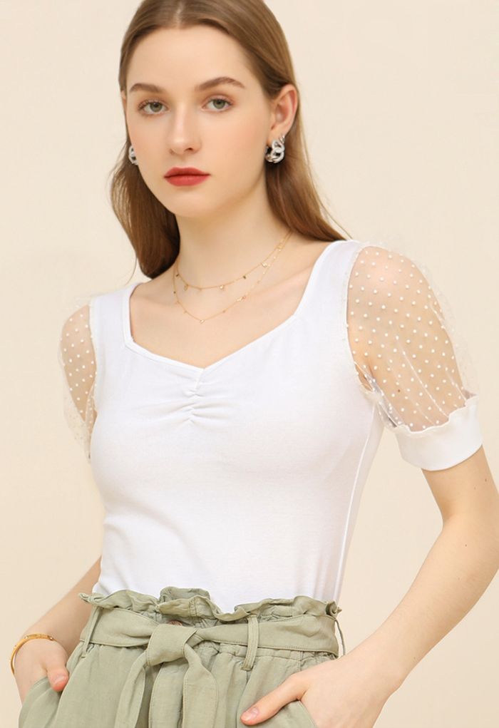Spliced Dotted Mesh Short Sleeve Top in White