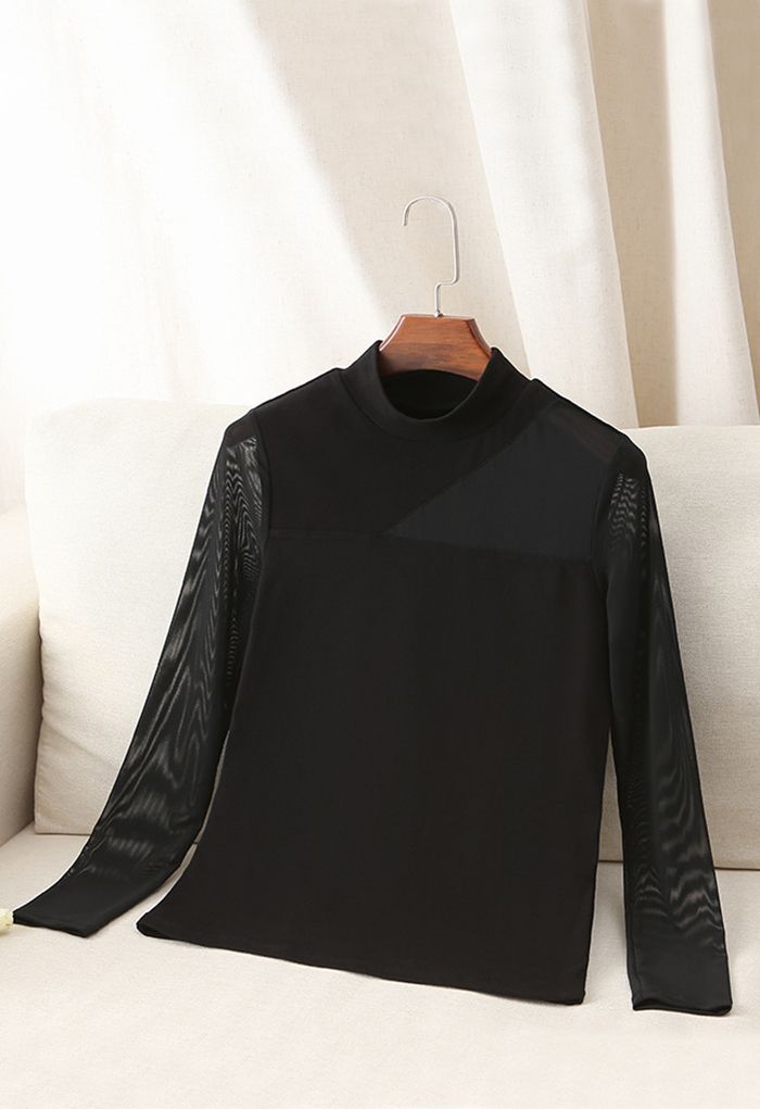 Mesh Spliced Mock Neck Fitted Top