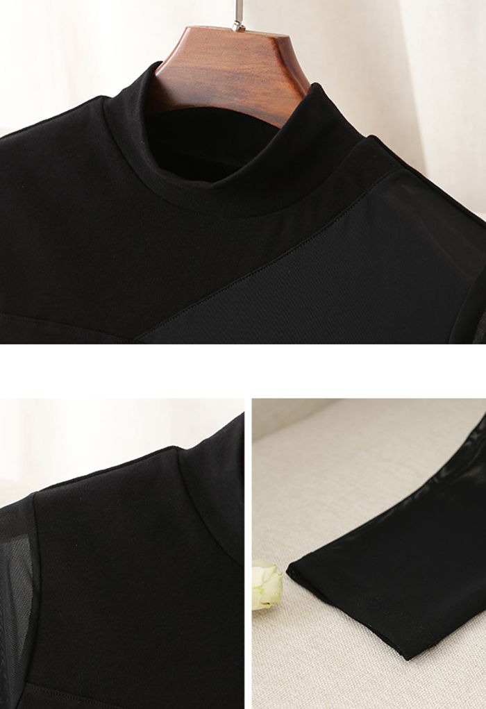 Mesh Spliced Mock Neck Fitted Top