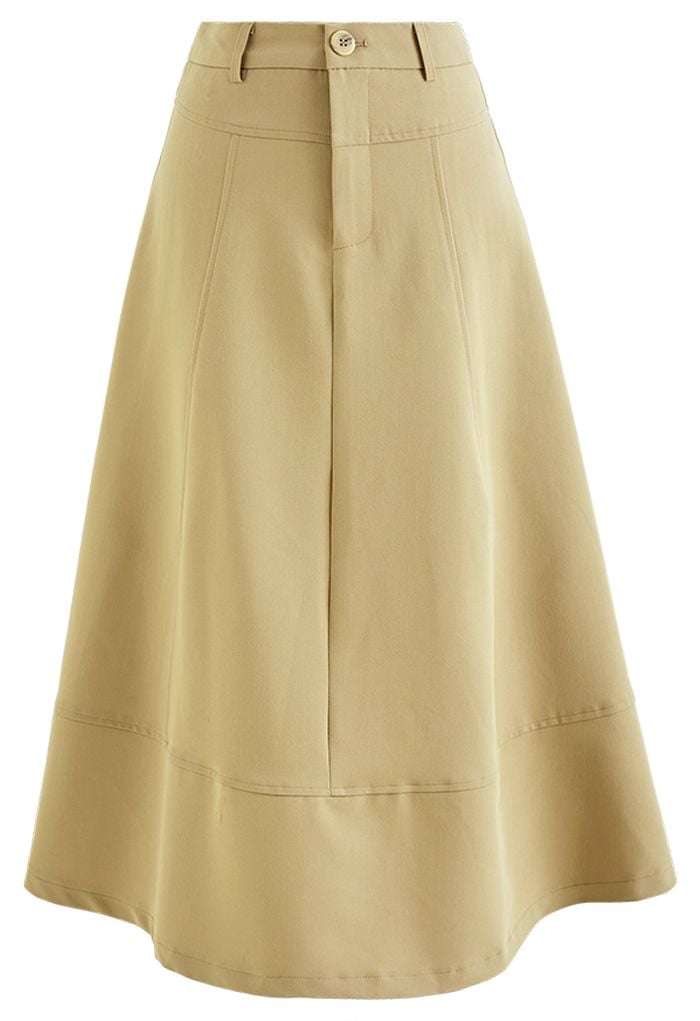 High-End Flare Hem Midi Skirt in Khaki