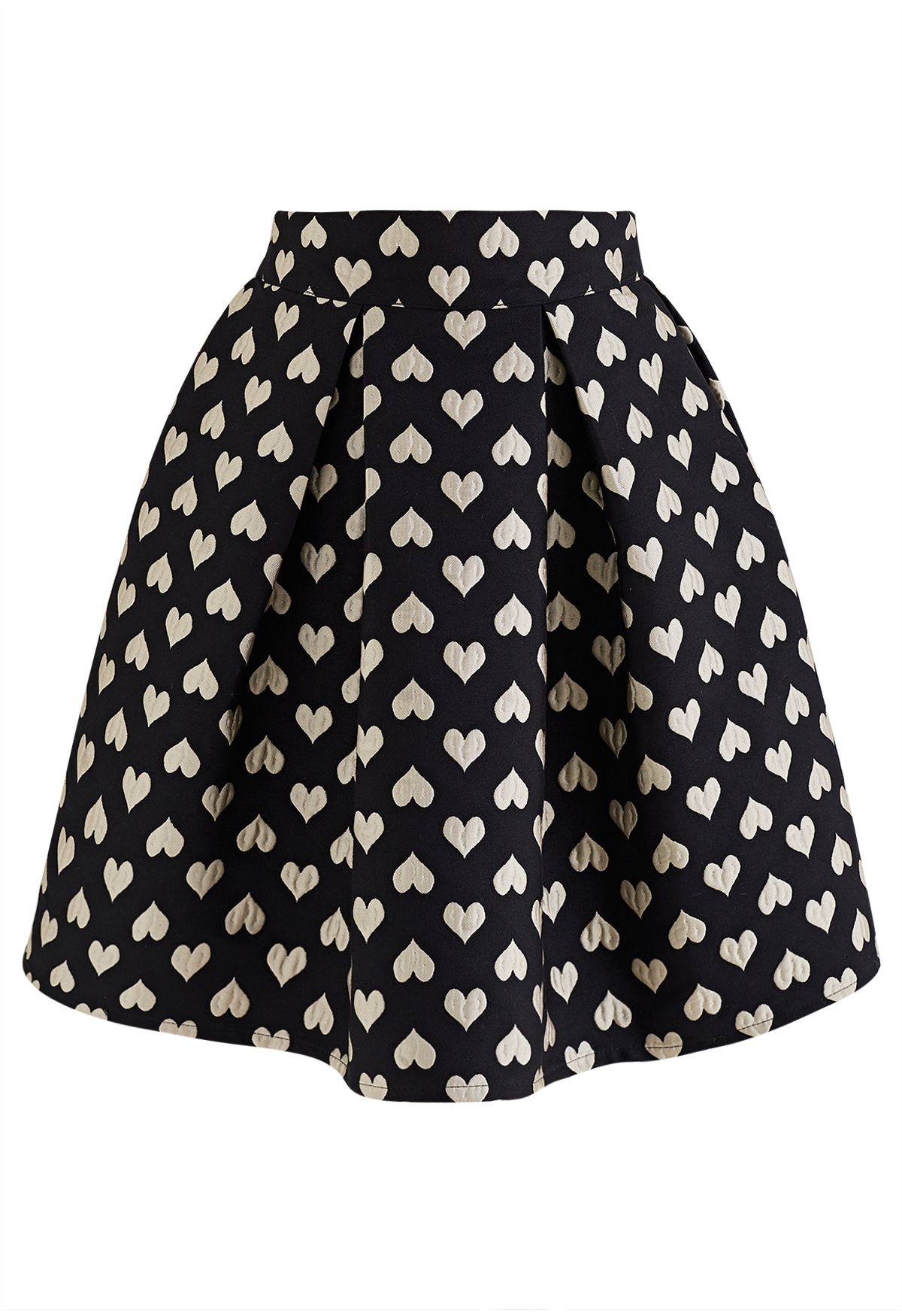 Embossed Heart Jacquard Pleated Skirt in Black