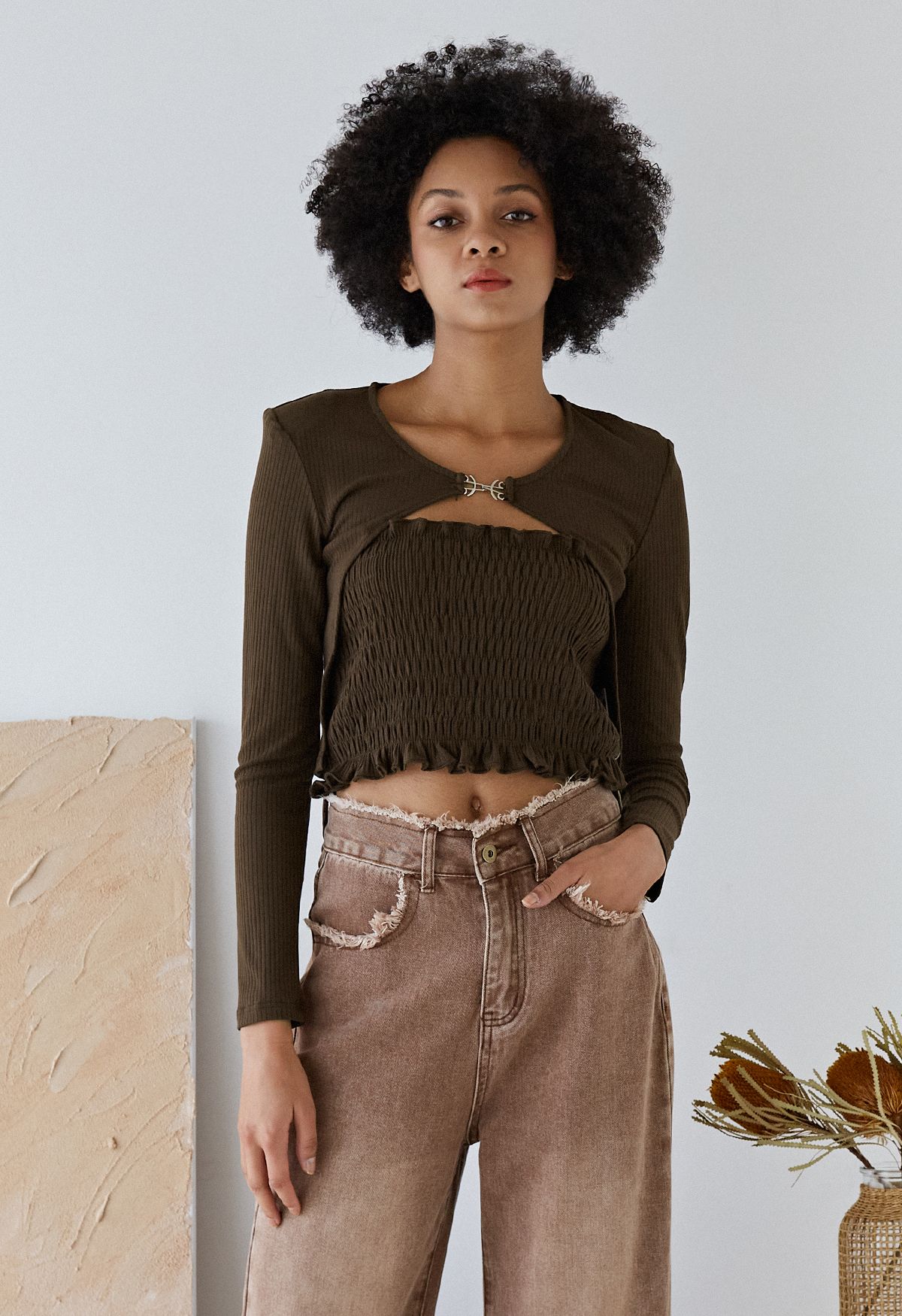 Ruffle Shirred Tube Top and Cardigan Set in Brown