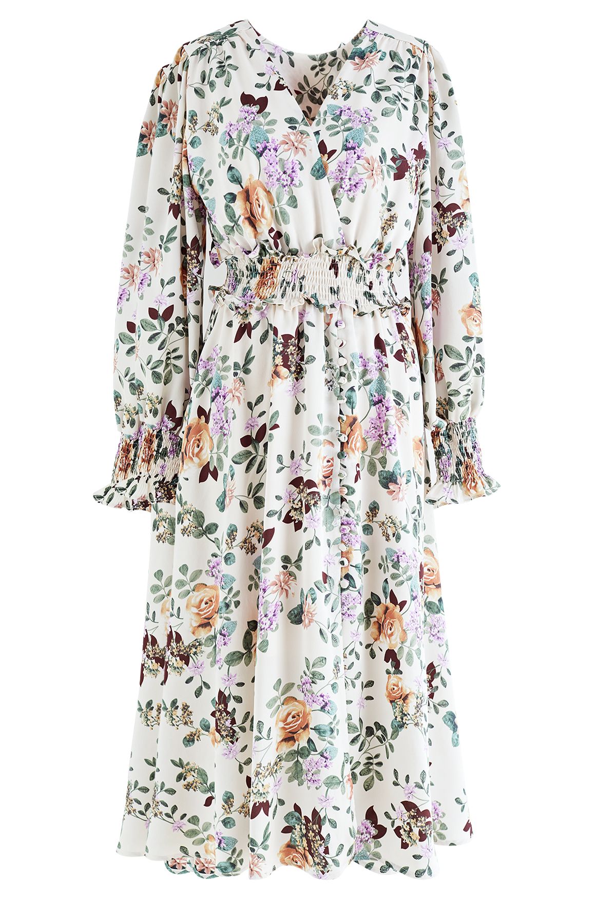 Blooming Bouquet Satin Button Down Wrap Midi Dress in White
