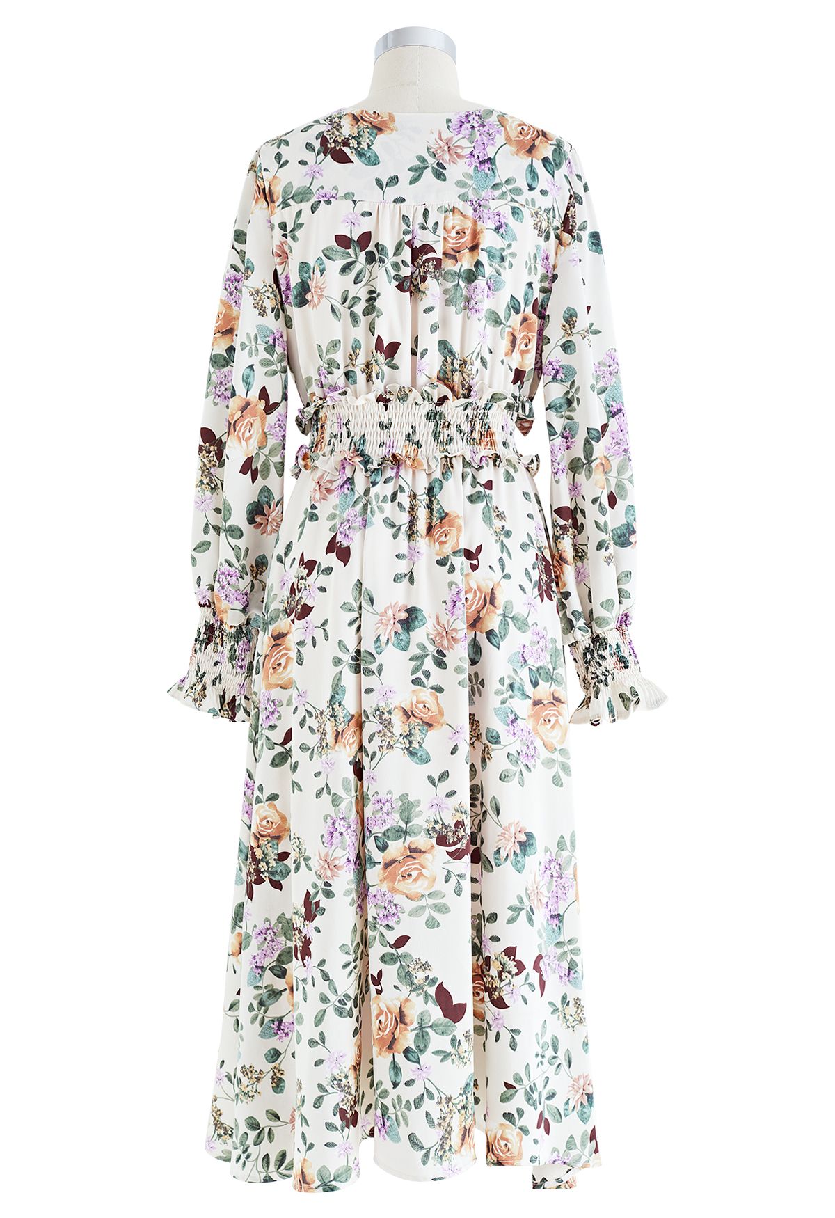 Blooming Bouquet Satin Button Down Wrap Midi Dress in White