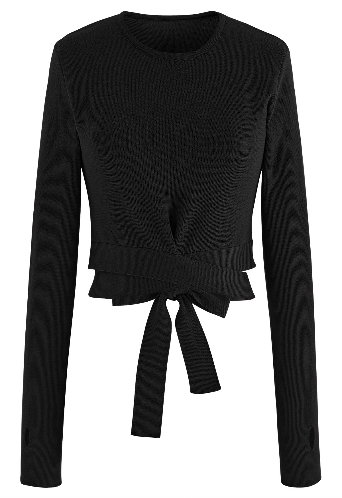 Self-Tie Bowknot Knit Crop Top in Black