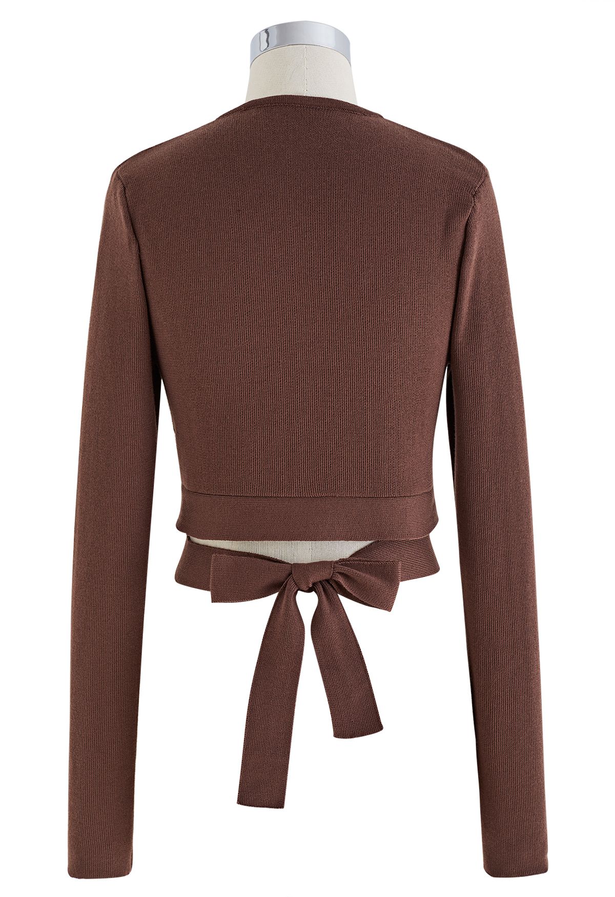 Self-Tie Bowknot Knit Crop Top in Brown
