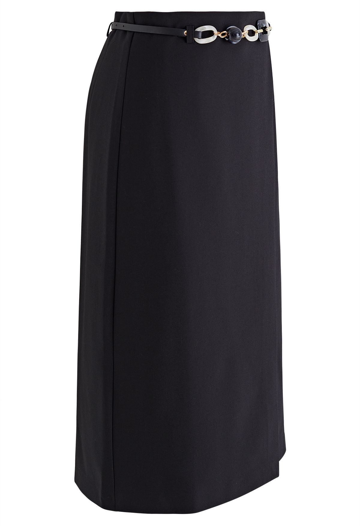 Flap Front Belted Midi Skirt in Black