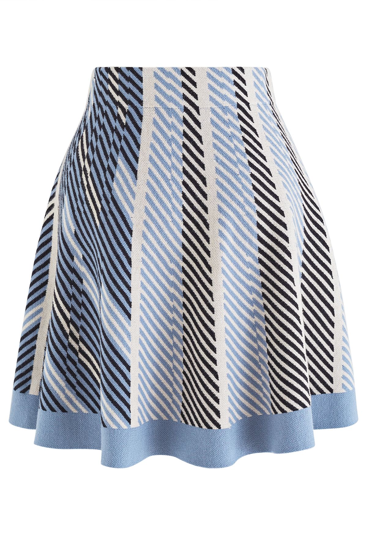 High Waist Stripe Flare Knit Skirt in Blue