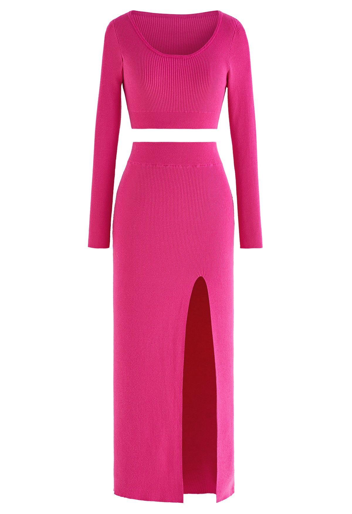 Knitted Crop Top and High Slit Maxi Skirt Set in Hot Pink