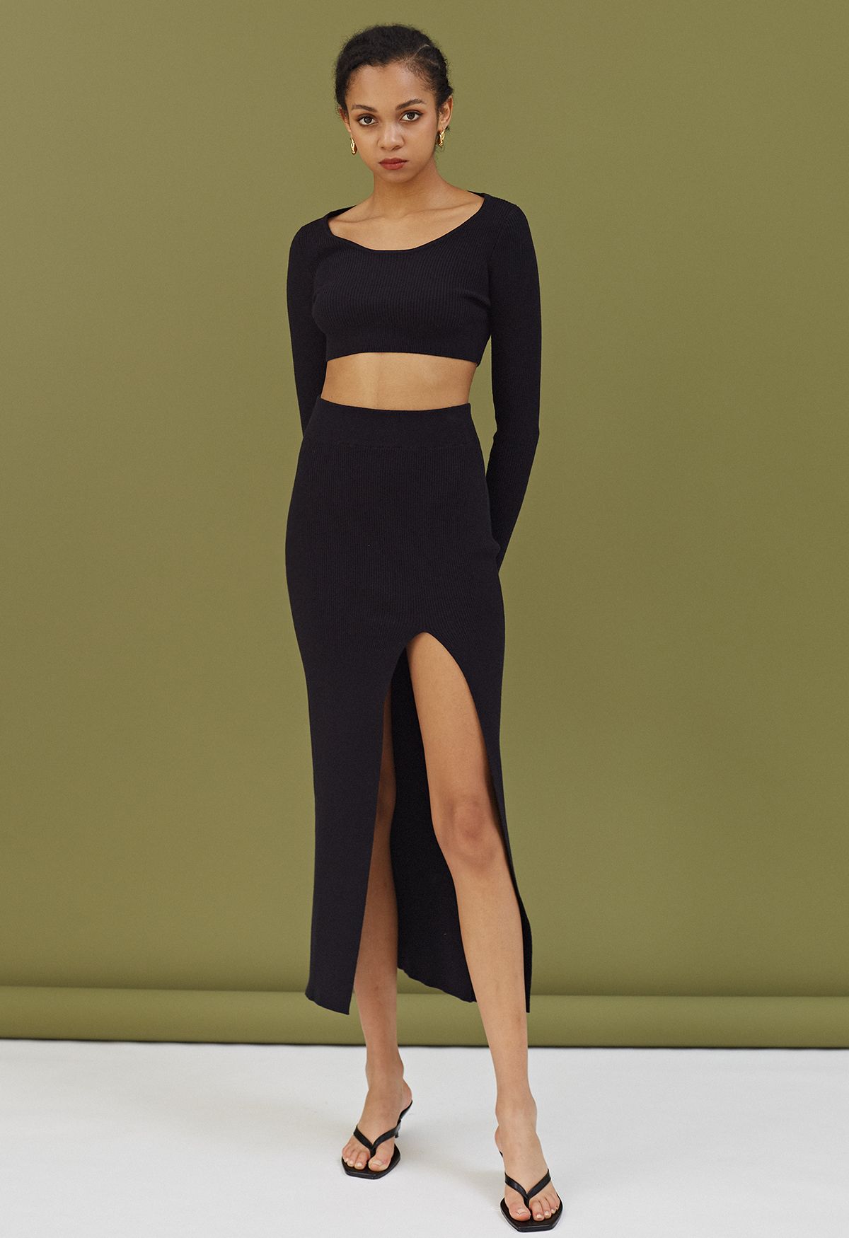 Knitted Crop Top and High Slit Maxi Skirt Set in Black