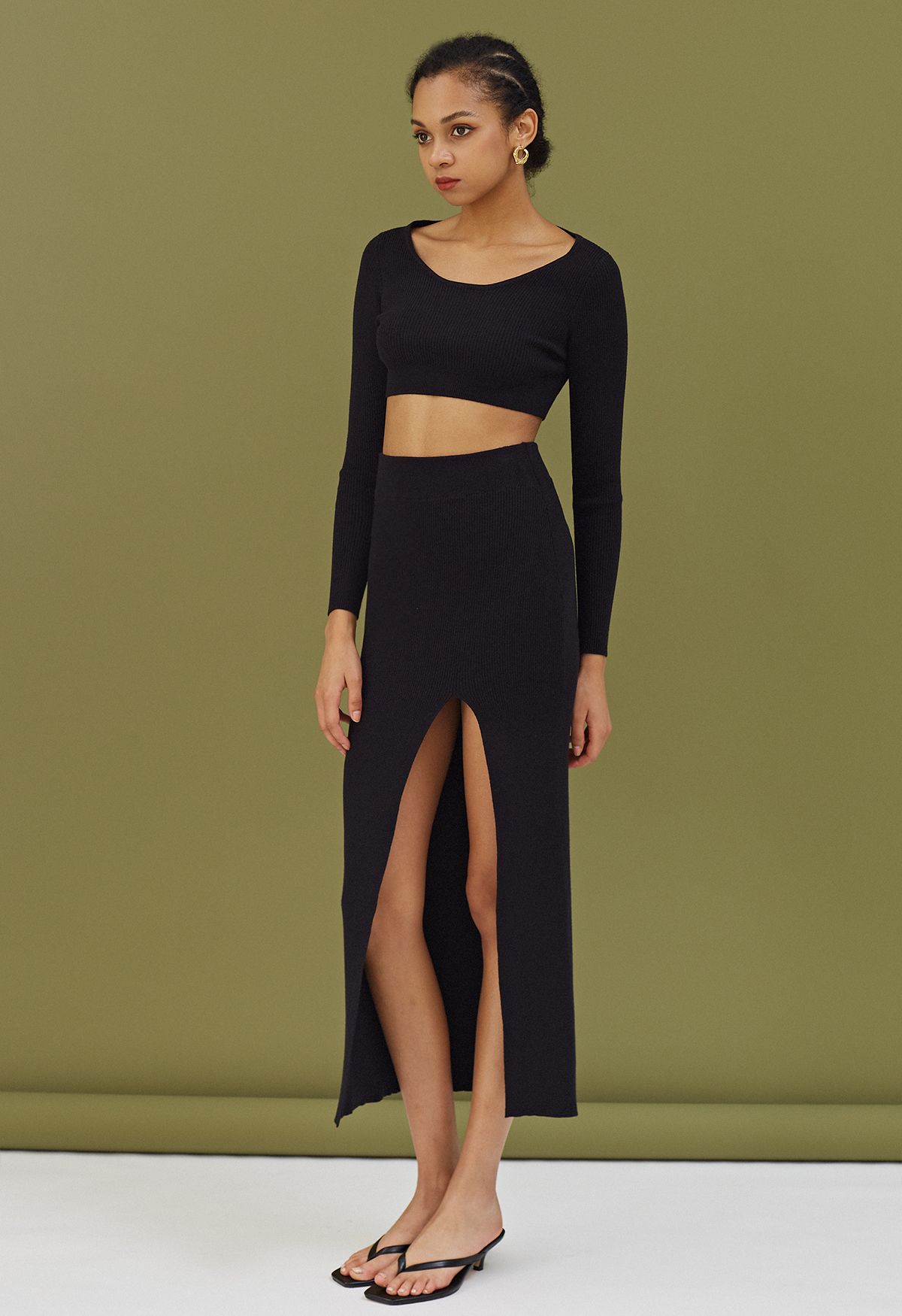 Knitted Crop Top and High Slit Maxi Skirt Set in Black