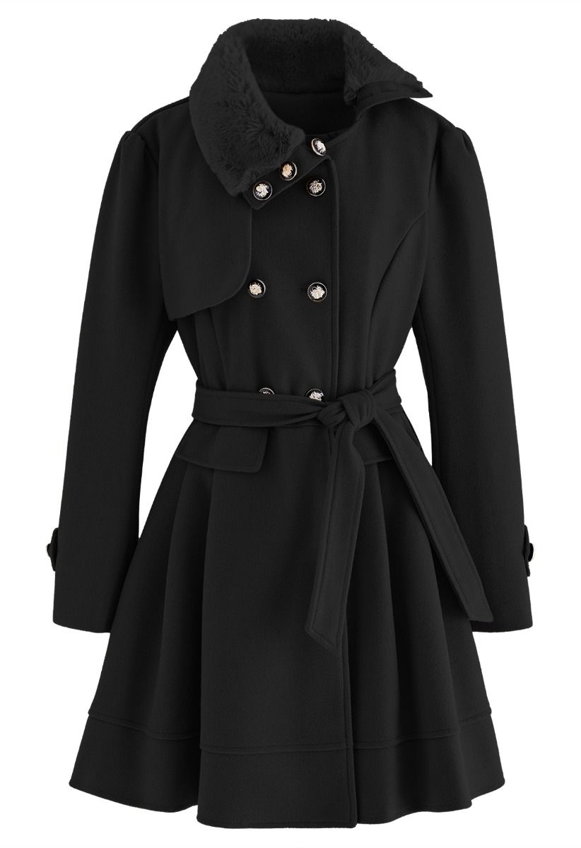 Faux Fur Collar Double-Breasted Skater Coat in Black