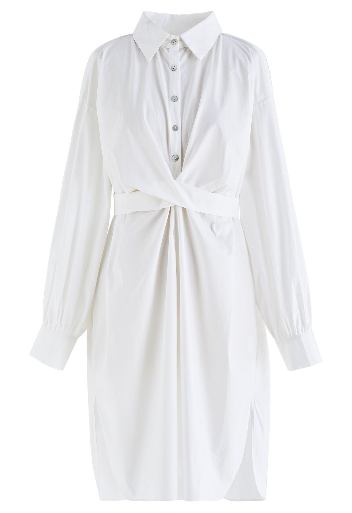 Twisted Waist Buttoned Shirt Dress in White
