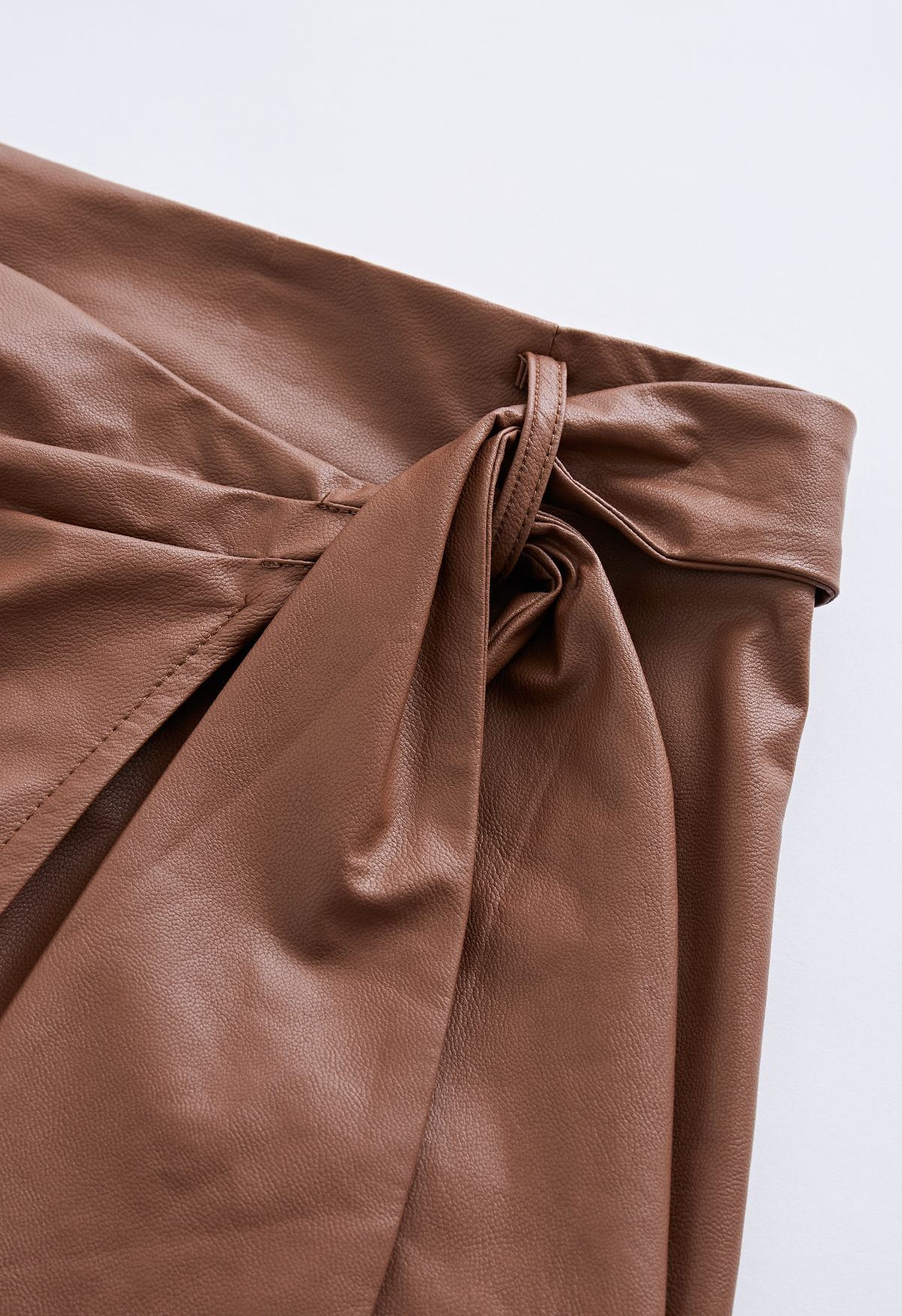 Faux Leather Tie-Waist Flap Midi Skirt in Brown