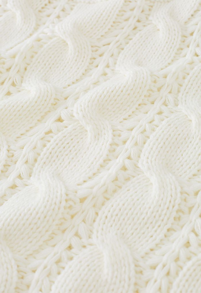 Turtleneck Braid Knit Crop Sweater in Cream
