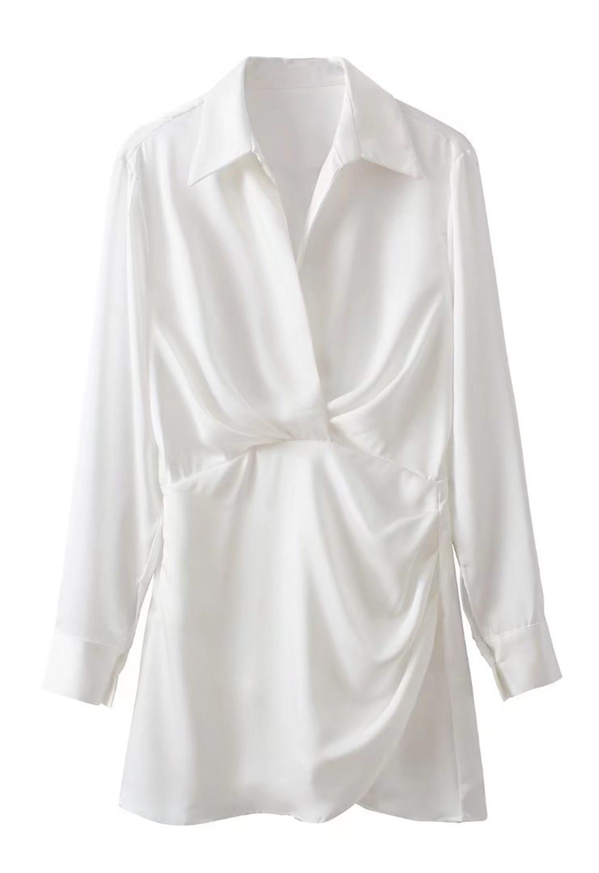 V-Neck Ruched Front Satin Shirt Dress in White
