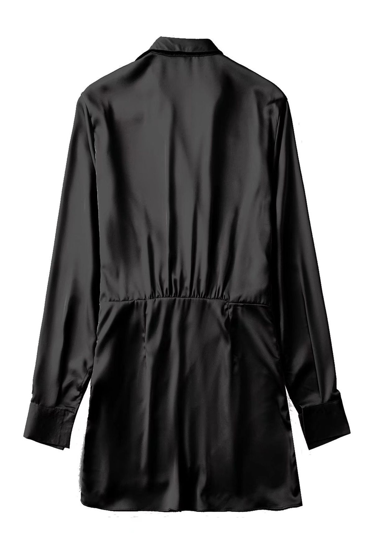 V-Neck Ruched Front Satin Shirt Dress in Black