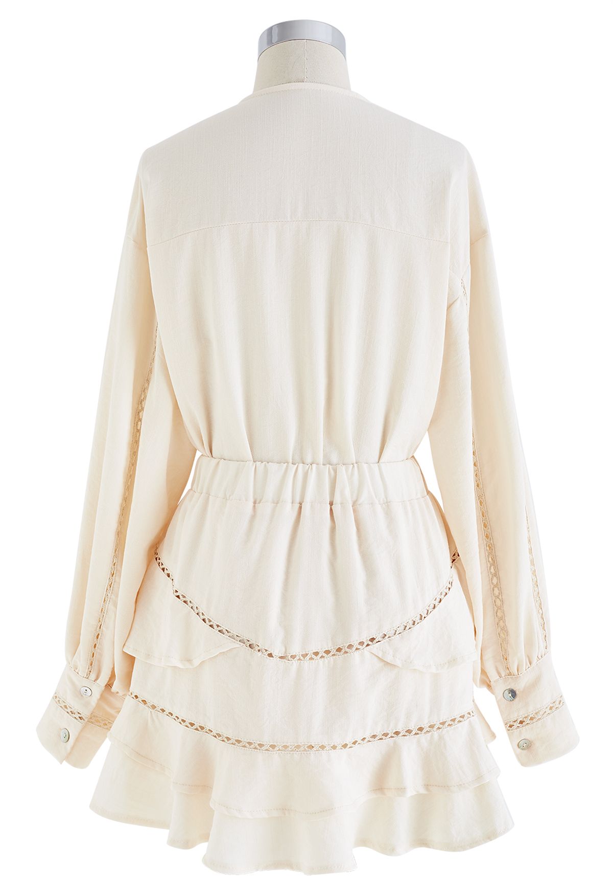 Hollow Out Tassel Shirt and Tiered Mini Skirt Set in Cream