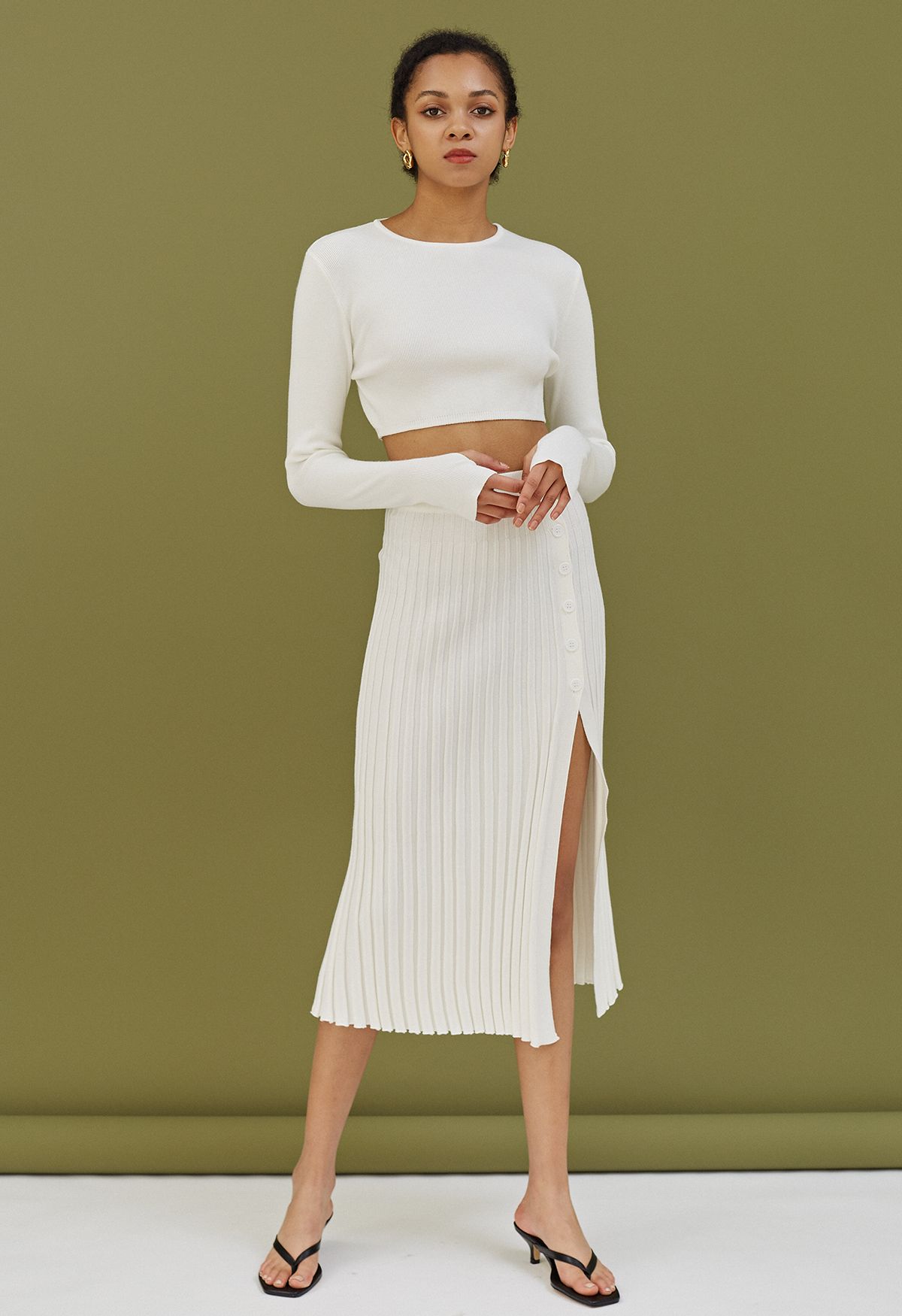 Knitted Crop Top and Buttoned Slit Skirt Set in White