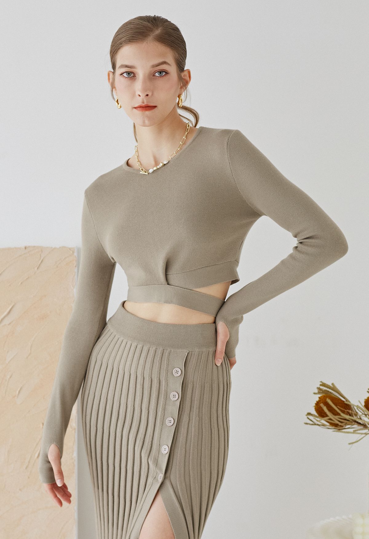 Self-Tie Bowknot Knit Crop Top in Taupe