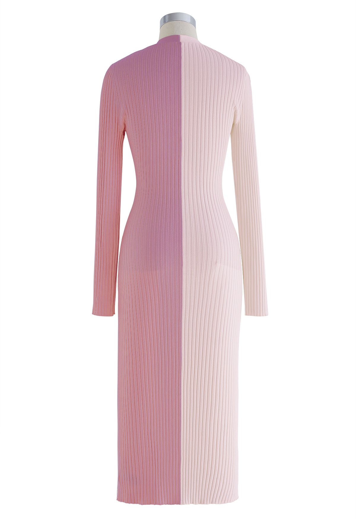 Button Down Two-Tone Spliced Bodycon Knit Dress in Pink