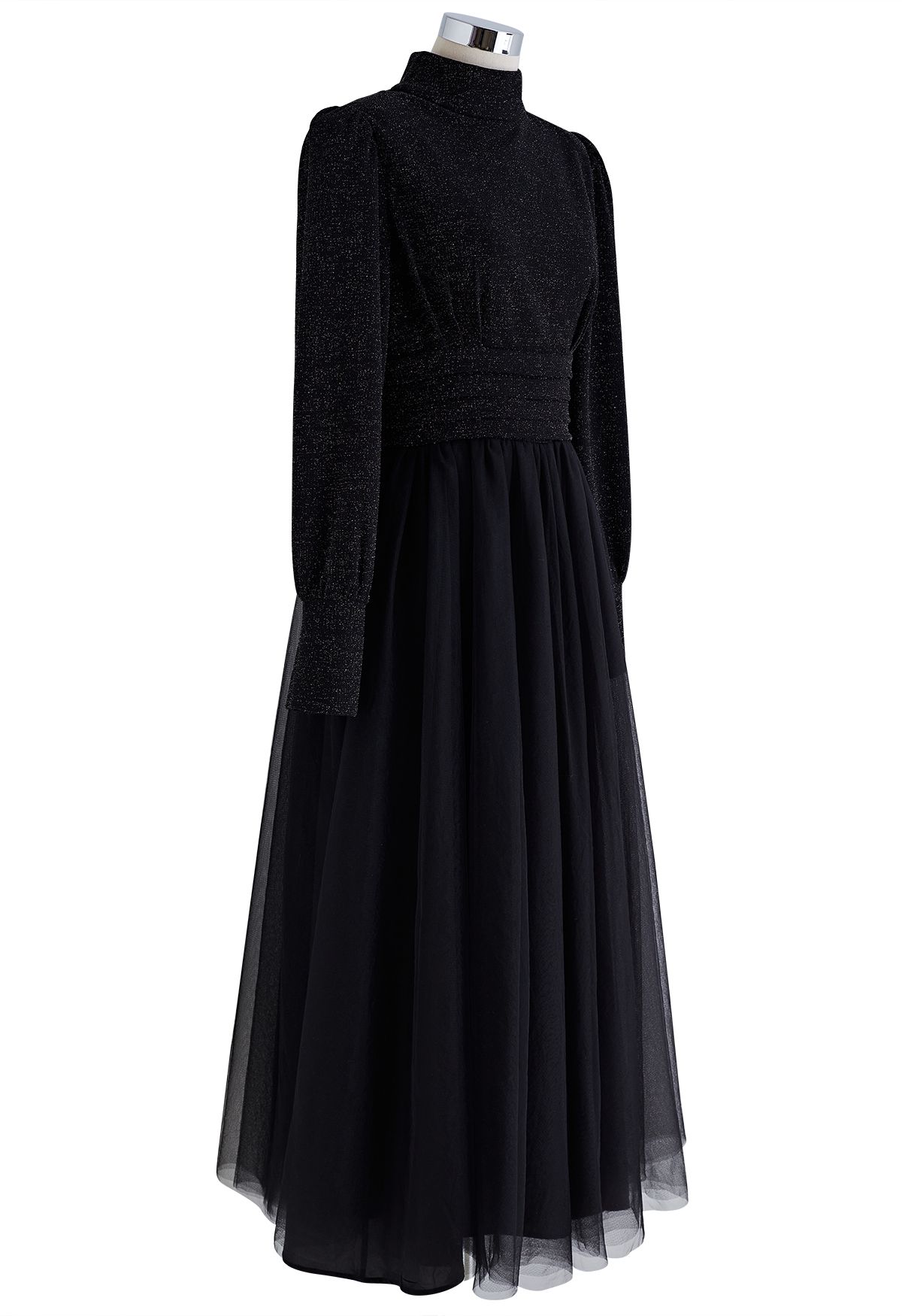 Shine Bright High Neck Tulle Maxi Dress in Shimmer Black